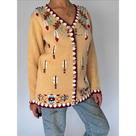 90s vintage novelty wolf animal embroidered button up cardigan knit sweater - Picture 7 of 11